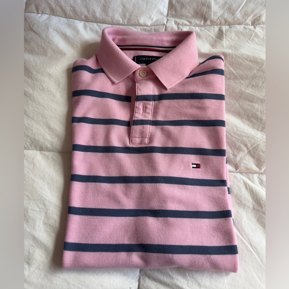 Tommy Hilfiger Pink and Navy Striped Polo Shirt size small NEW only worn once.